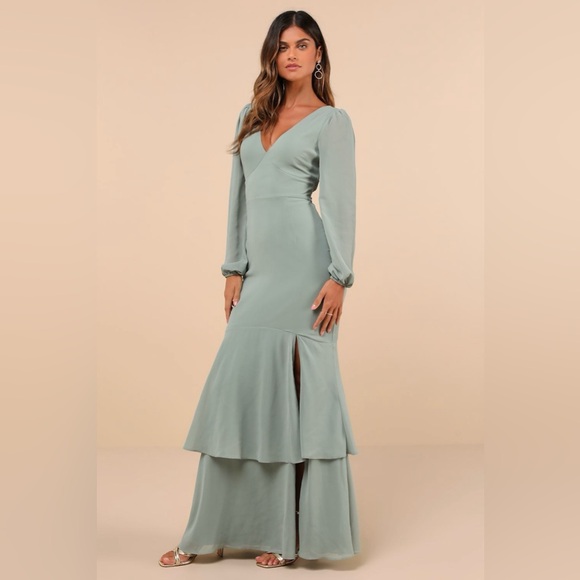 Lulus Tier Elegance Tiered Maxi Dress Large Sage Green Chiffon Long Sleeve *FLAW - Picture 2 of 12